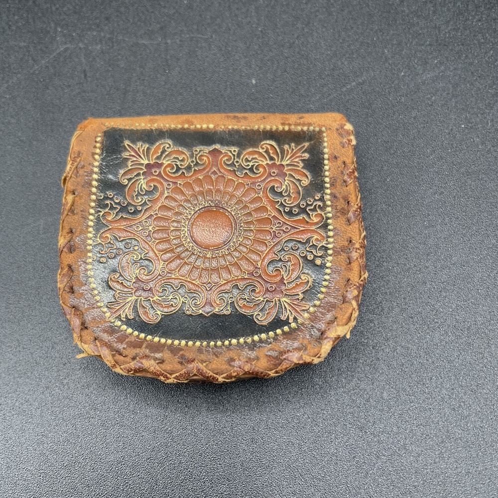 Antique Leather Embossed Coin Purse Pouch Handmade 3"
